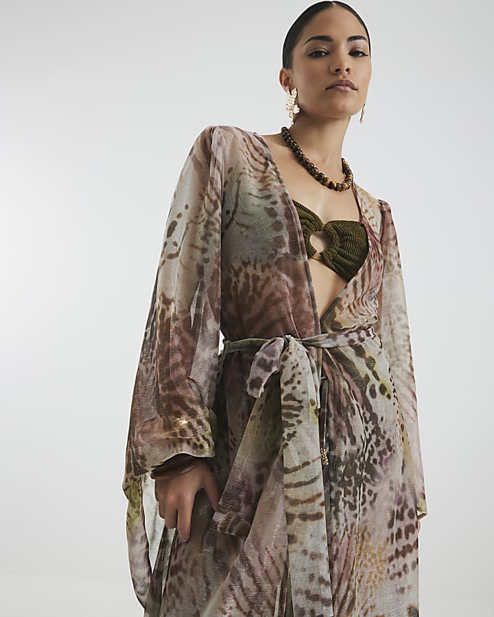 Petite Khaki Animal Print Kaftan