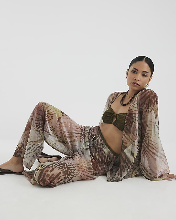 Petite Khaki Animal Print Wide Leg Trousers