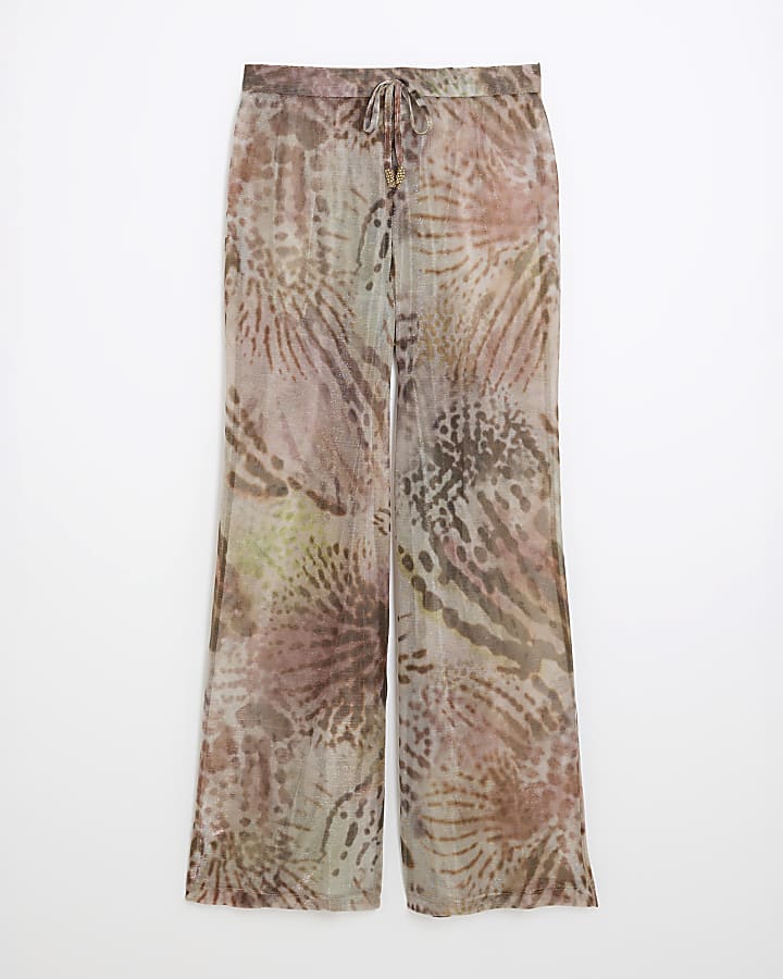 Petite Khaki Animal Print Wide Leg Trousers