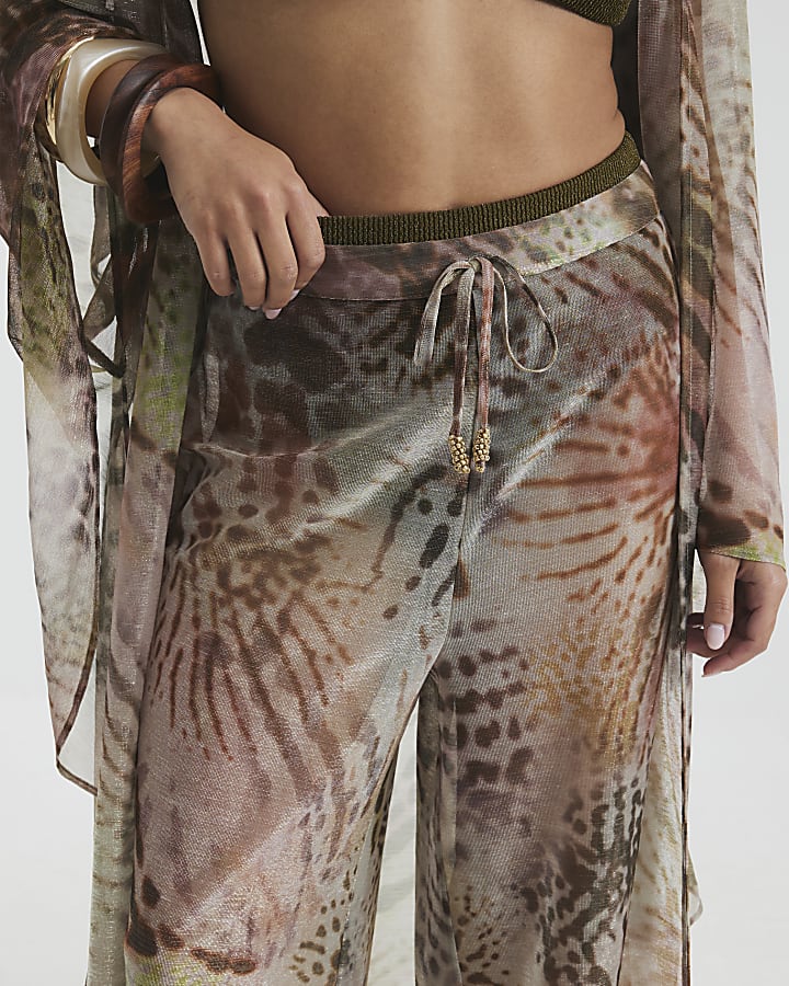 Petite Khaki Animal Print Wide Leg Trousers