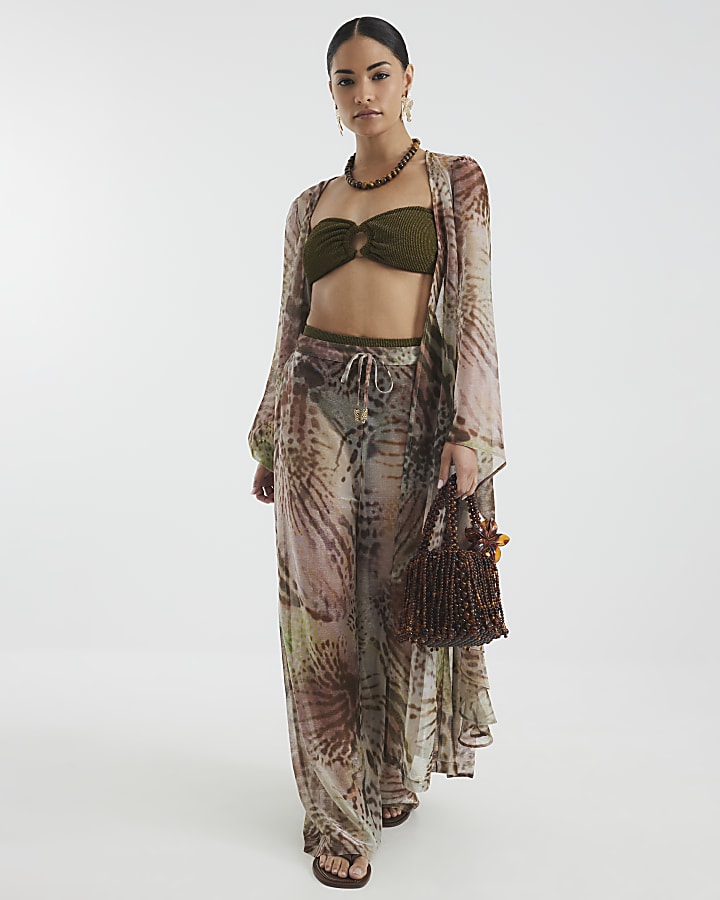 Petite Khaki Animal Print Wide Leg Trousers
