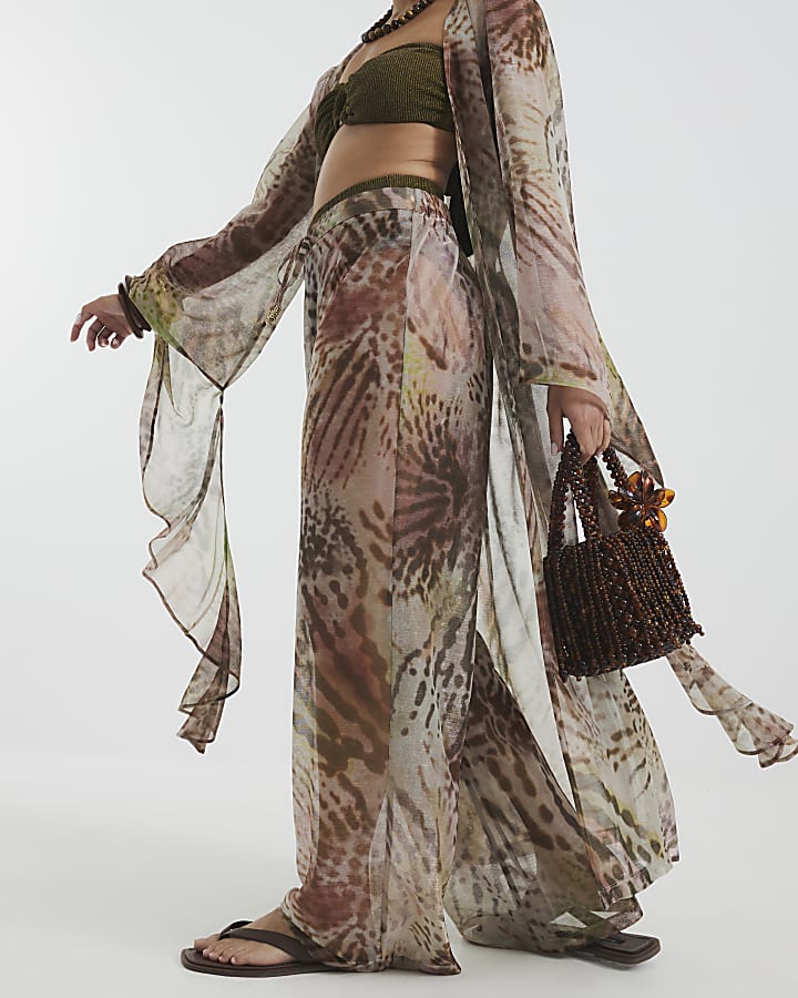 Petite Khaki Animal Print Wide Leg Trousers