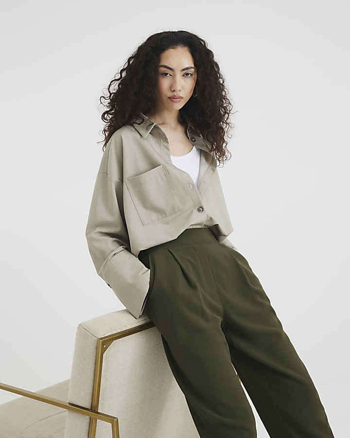 Khaki Barrel Leg Trousers