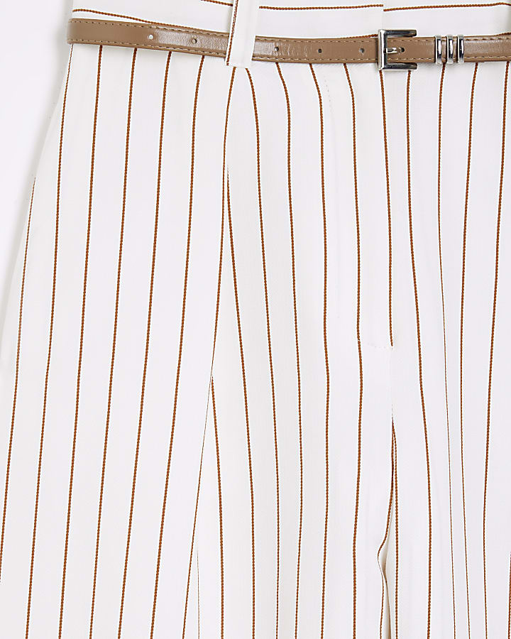 White Stripe Belted Wide Leg Trousers