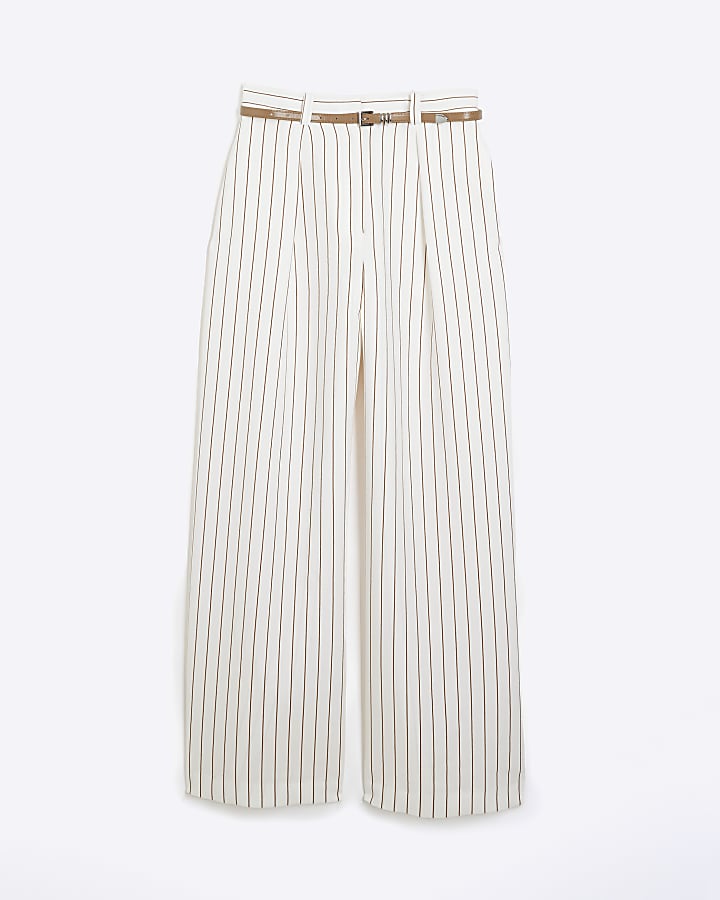 White Stripe Belted Wide Leg Trousers