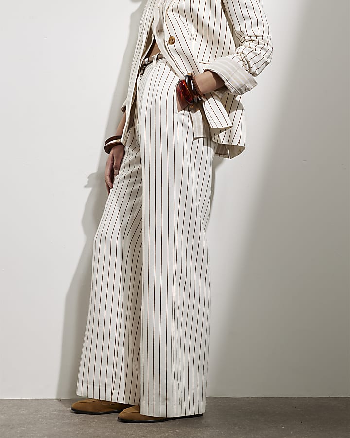 White Stripe Belted Wide Leg Trousers