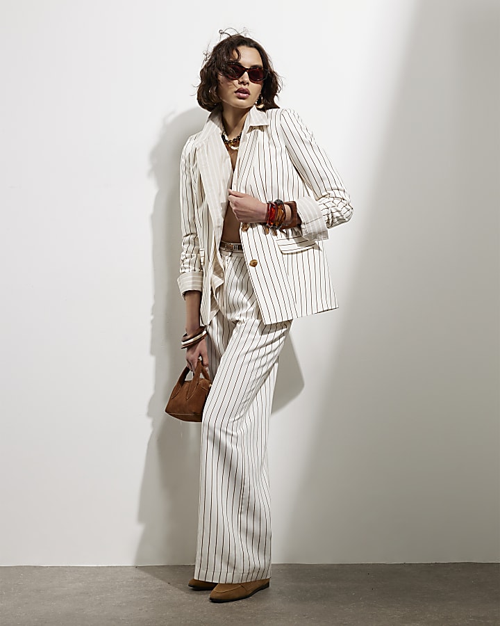 White Stripe Belted Wide Leg Trousers