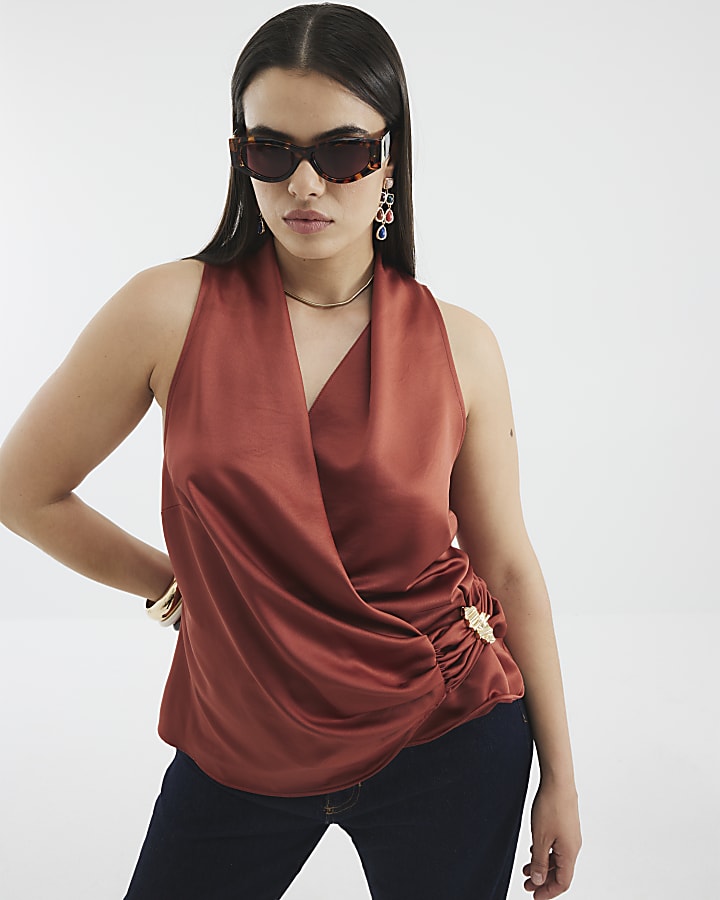 Brown Sleeveless Gold Detail Wrap Top