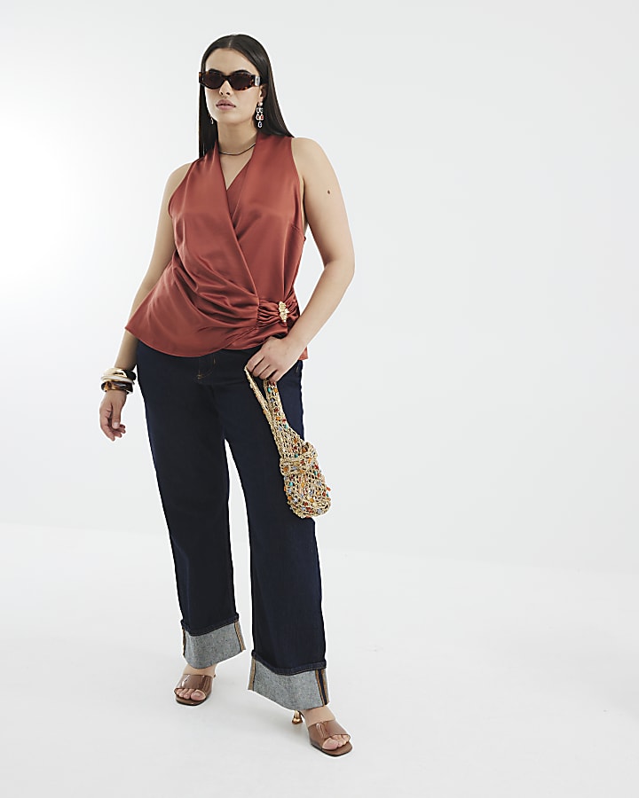 Brown Sleeveless Gold Detail Wrap Top
