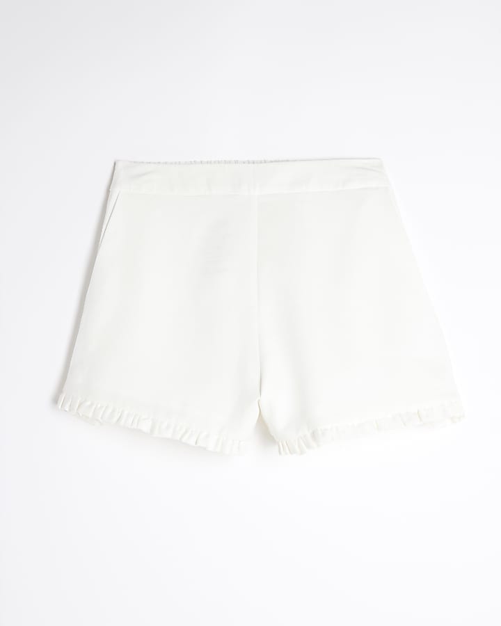 White Linen Blend Frill Tailored Shorts