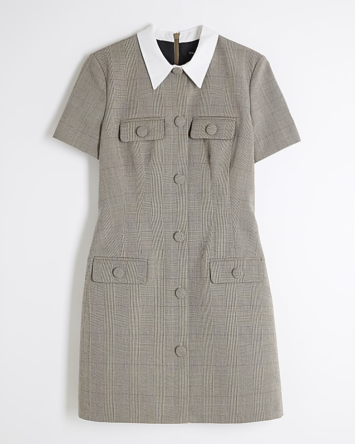 Beige Check Collared Mini Dress