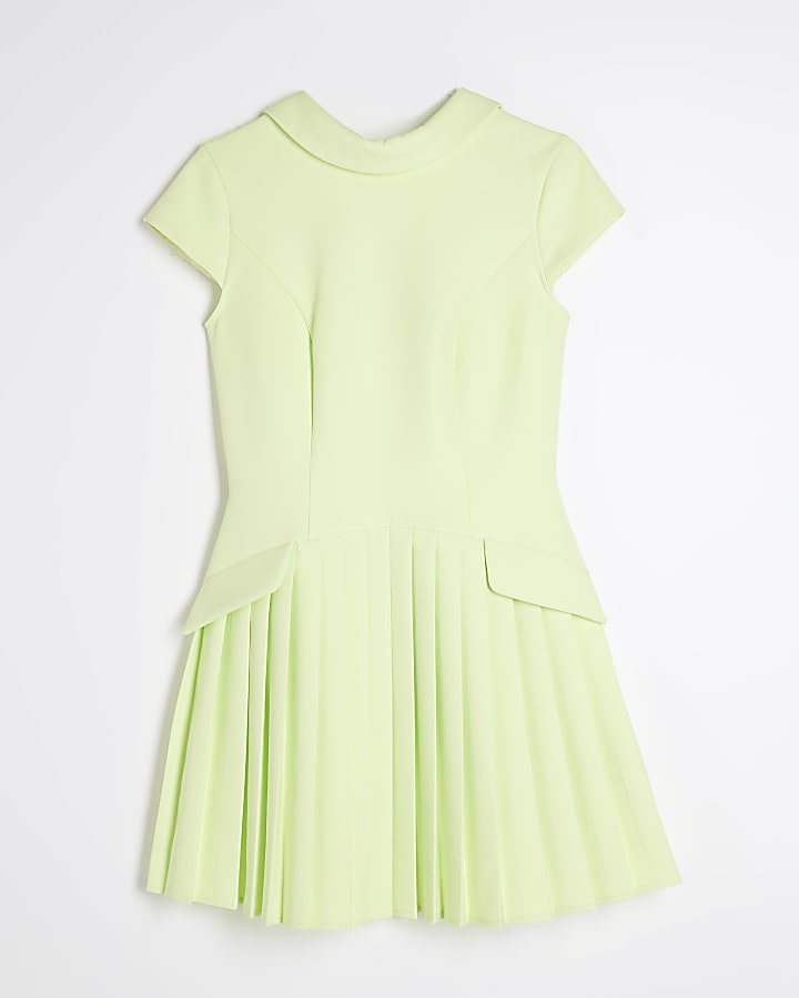 Lime High Neck Pleated Mini Dress