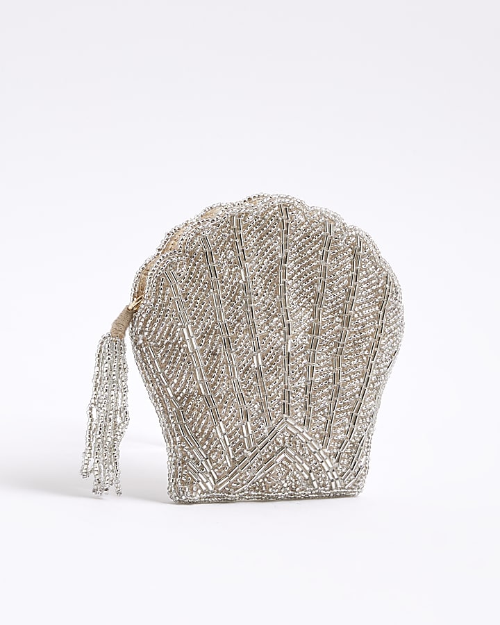 Cream Premium Shell Beaded Pouch Bag