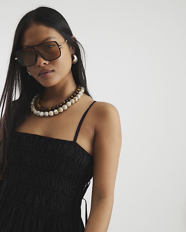 Petite Black Strappy Shirred Maxi Dress