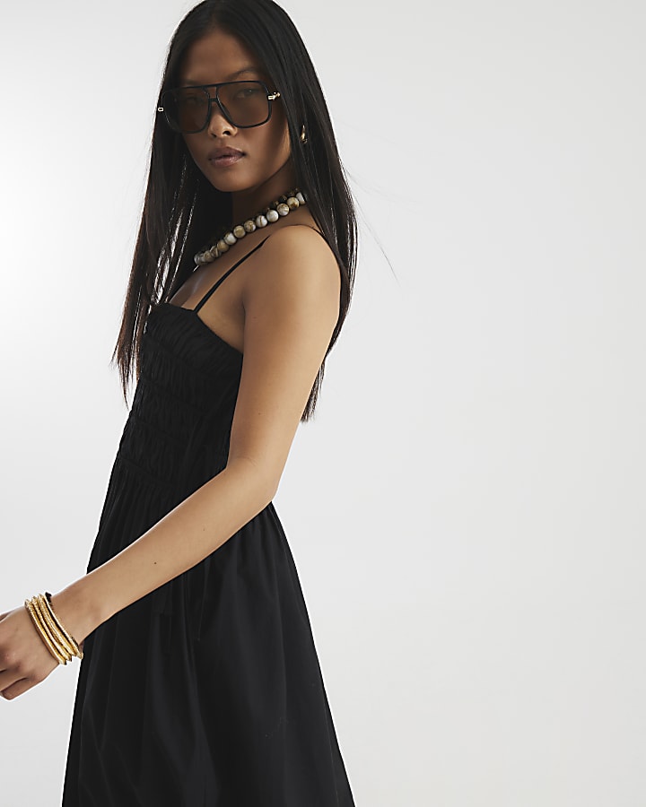 Petite Black Strappy Shirred Maxi Dress