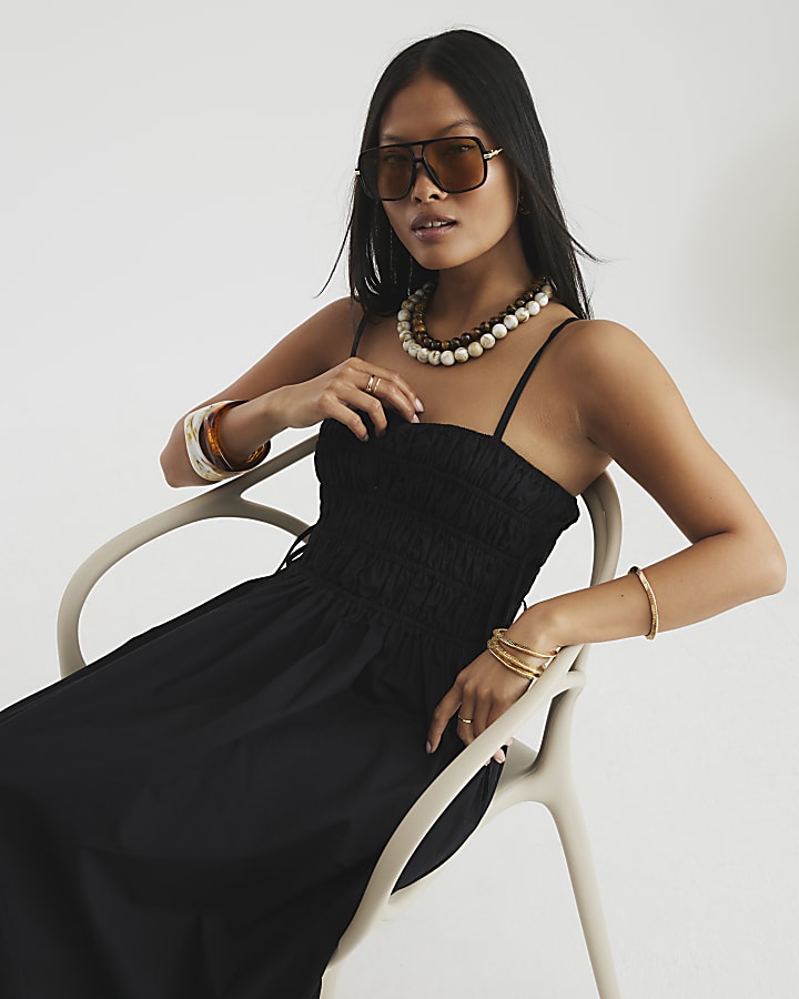 Petite Black Strappy Shirred Maxi Dress