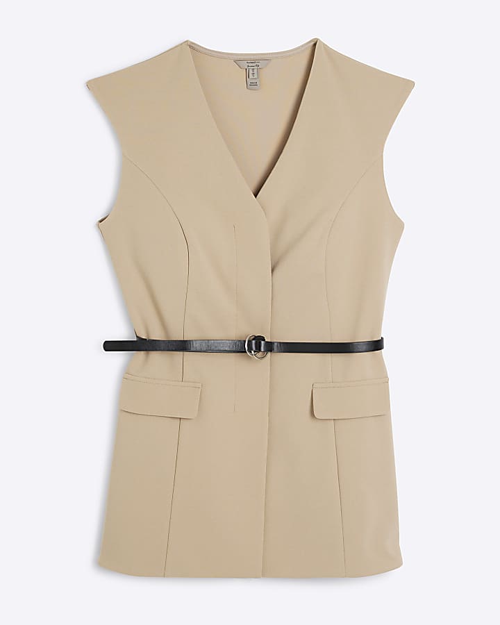 Stone Sleeveless Belted Waistcoat