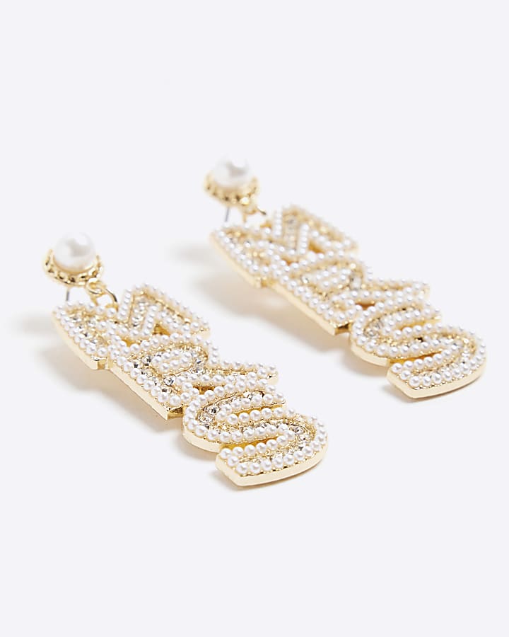 Gold Diamante Mrs Drop Earrings