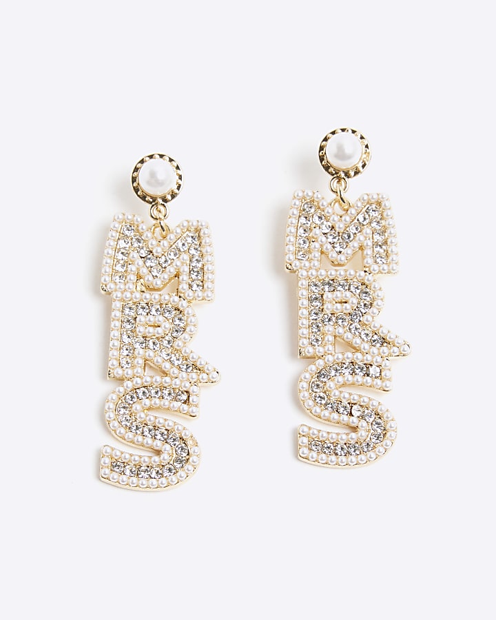 Gold Diamante Mrs Drop Earrings