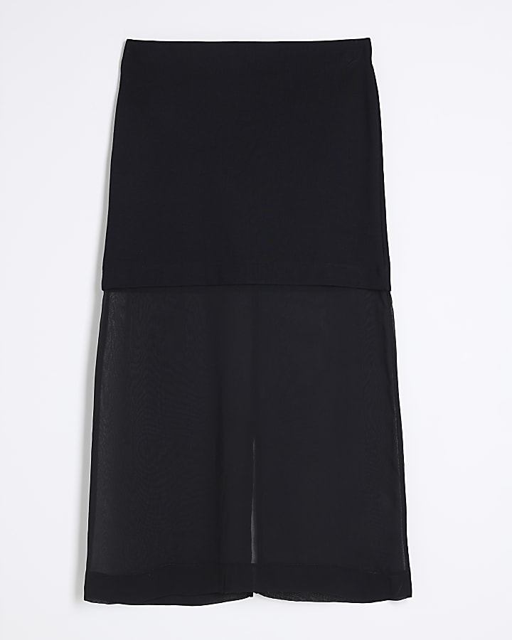 Petite Black Sheer Hybrid Midi Skirt