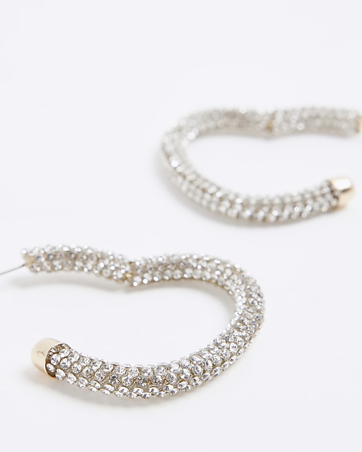 Silver Heart Diamante Hoop Earrings