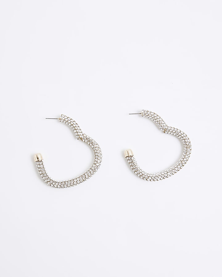 Silver Heart Diamante Hoop Earrings