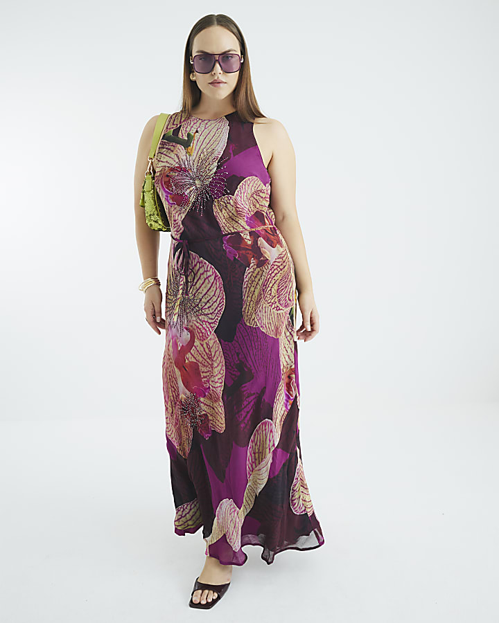 Red Embellished Floral Print Maxi Slip Dress
