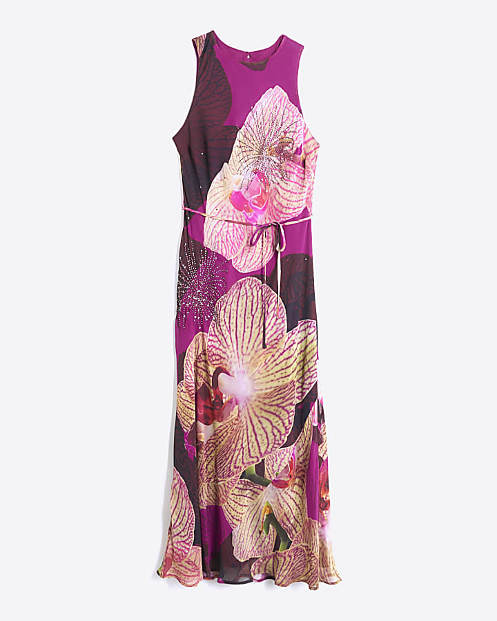 Red Embellished Floral Print Maxi Dress