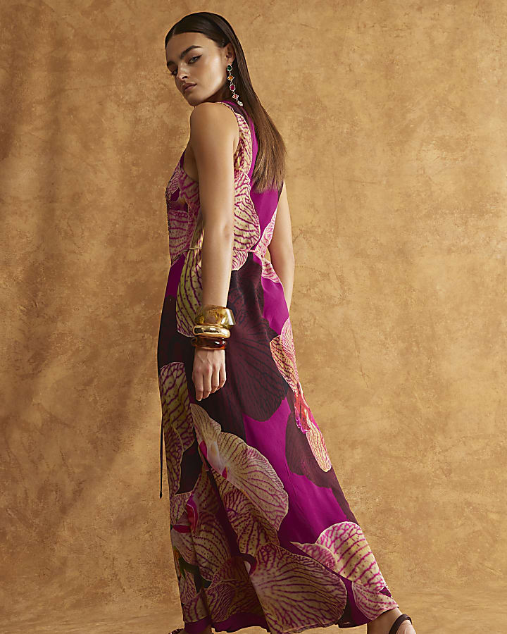 Red Embellished Floral Print Maxi Dress