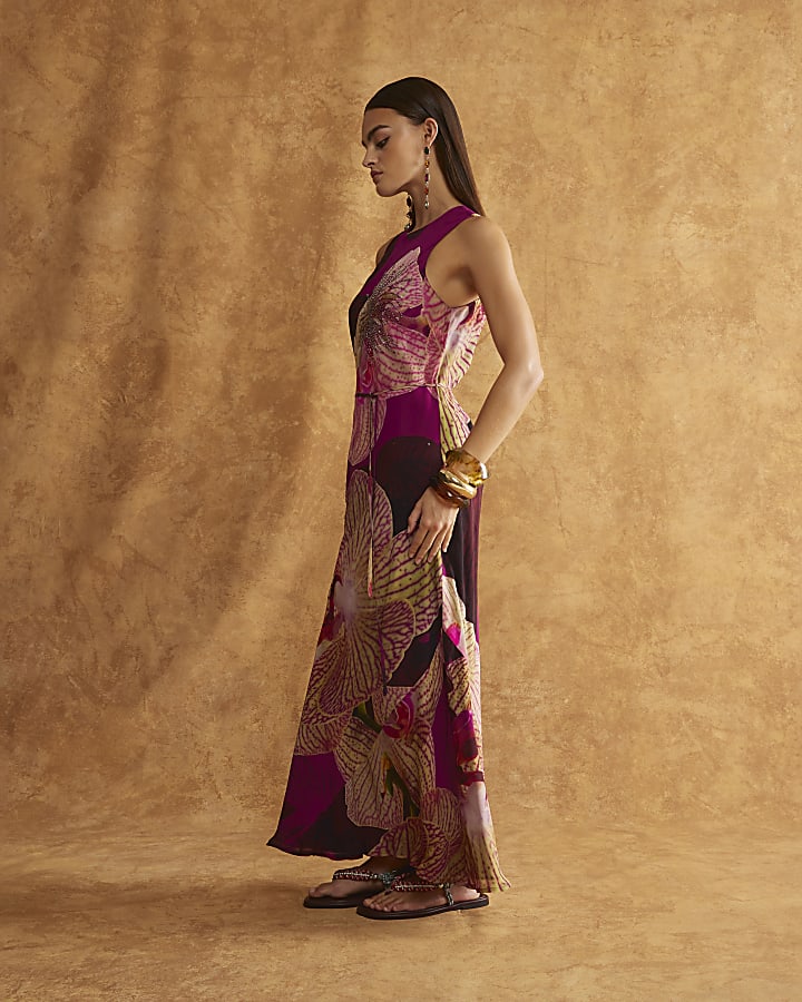 Red Embellished Floral Print Maxi Dress
