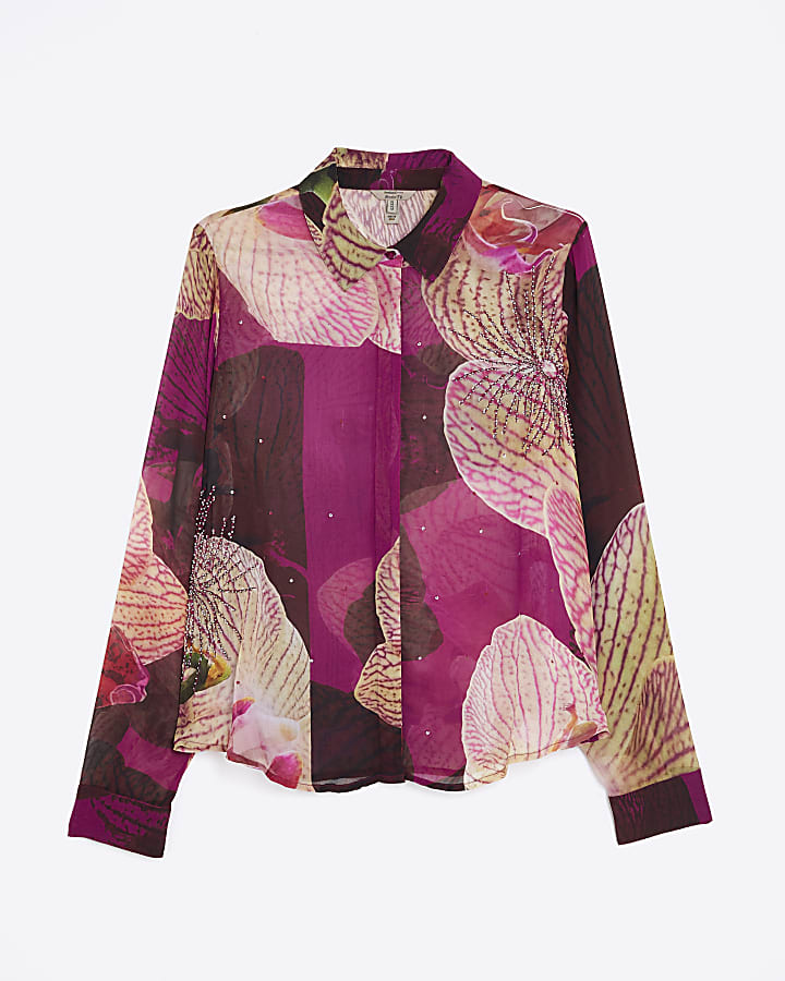 Red Long Sleeve Embellished Floral Shirt