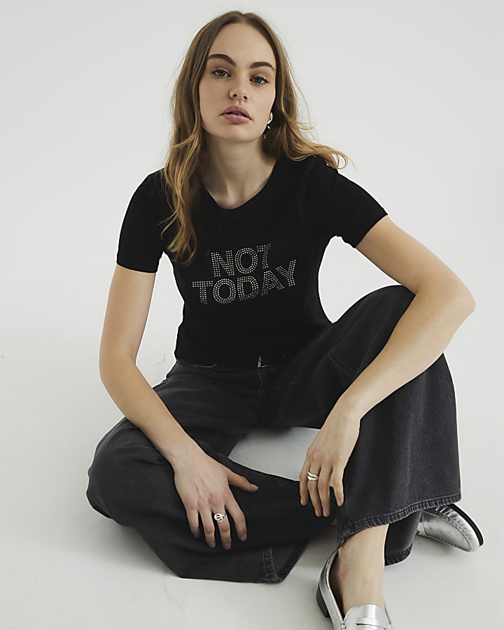 Black Diamante Not Today Embellished T-shirt