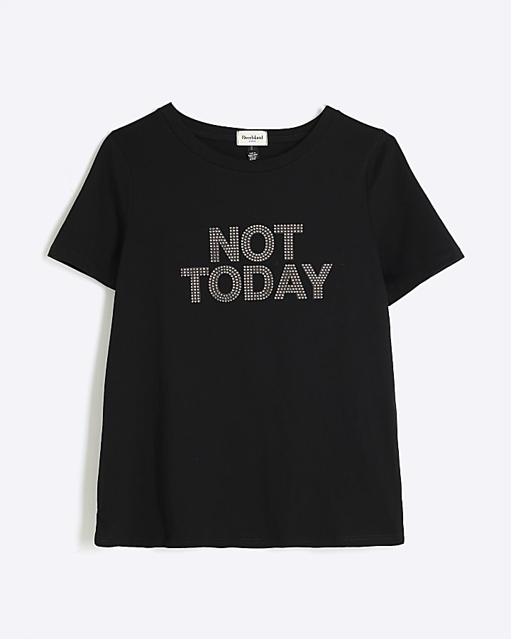 Black Diamante Not Today Embellished T-shirt