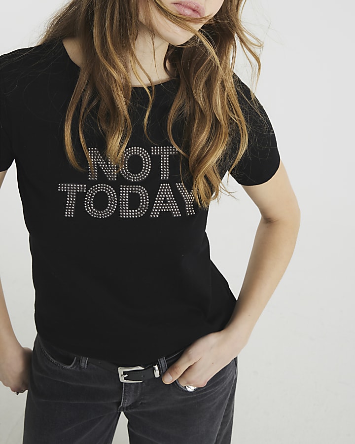 Black Diamante Not Today Embellished T-shirt