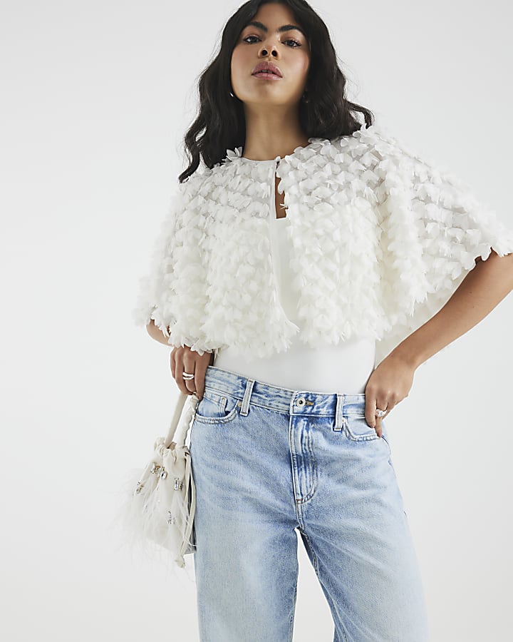 White 3D Floral Cape