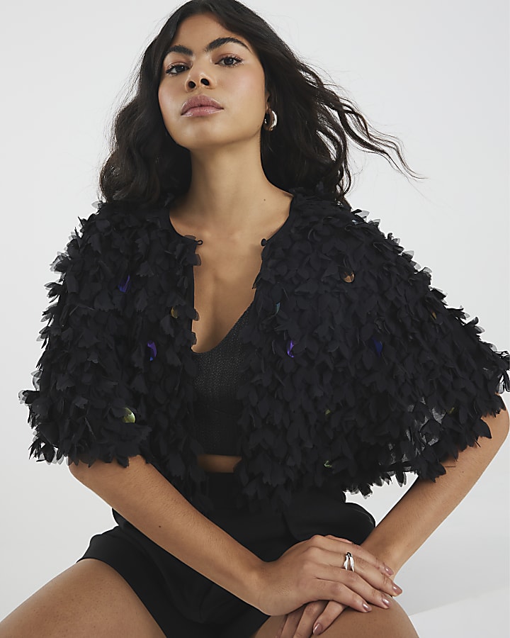 Black 3D Floral Sequin Cape