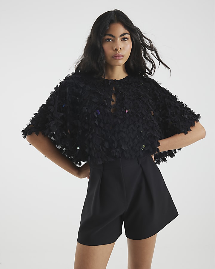 Black 3D Floral Sequin Cape