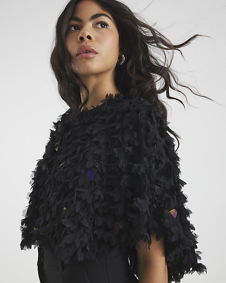 Black 3D Floral Sequin Cape