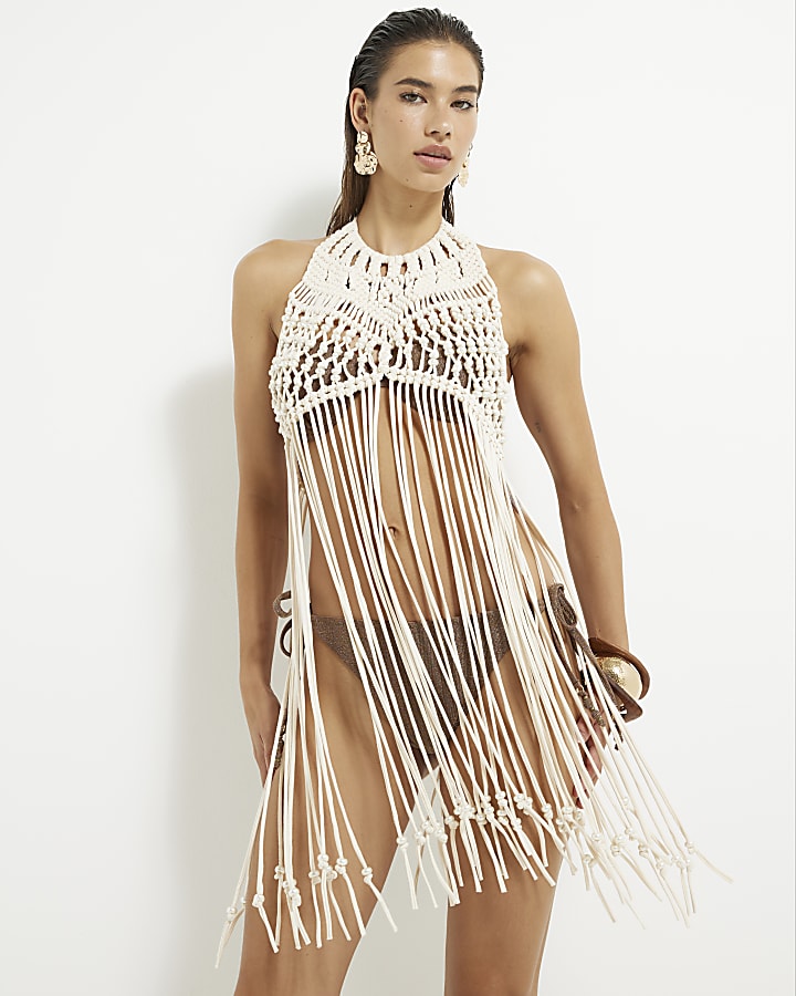Beige Macrame Halter Neck Pearl Trim Top