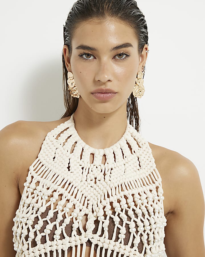 Beige Macrame Halter Neck Pearl Trim Top