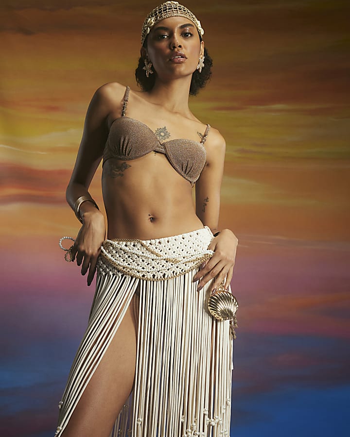 Beige Woven Pearl Beach Skirt