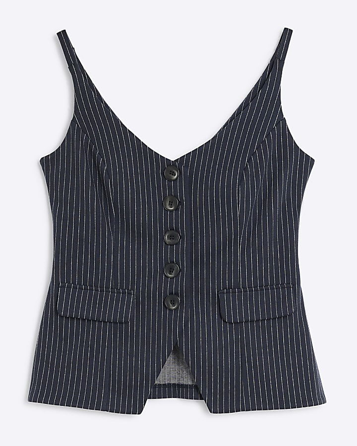 Petite Navy Pinstripe Cami Waistcoat Top