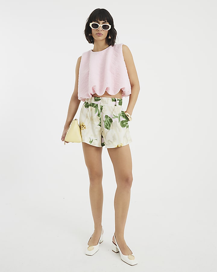 Pink Floral Linen Blend Shorts