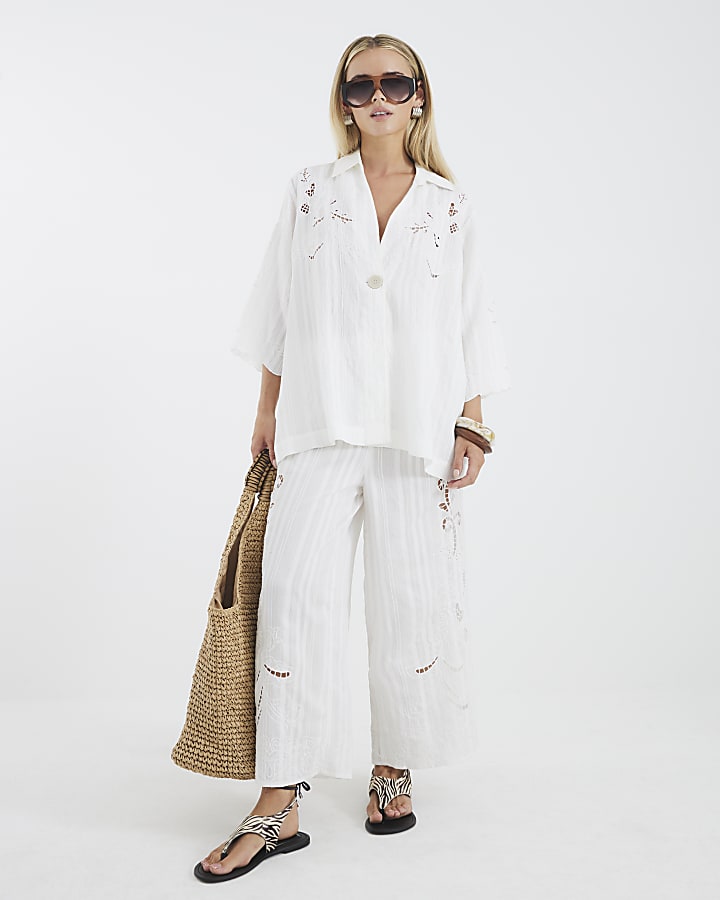 Petite White Broderie Relaxed Shirt