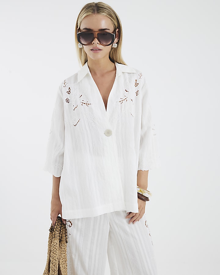 Petite White Broderie Relaxed Shirt