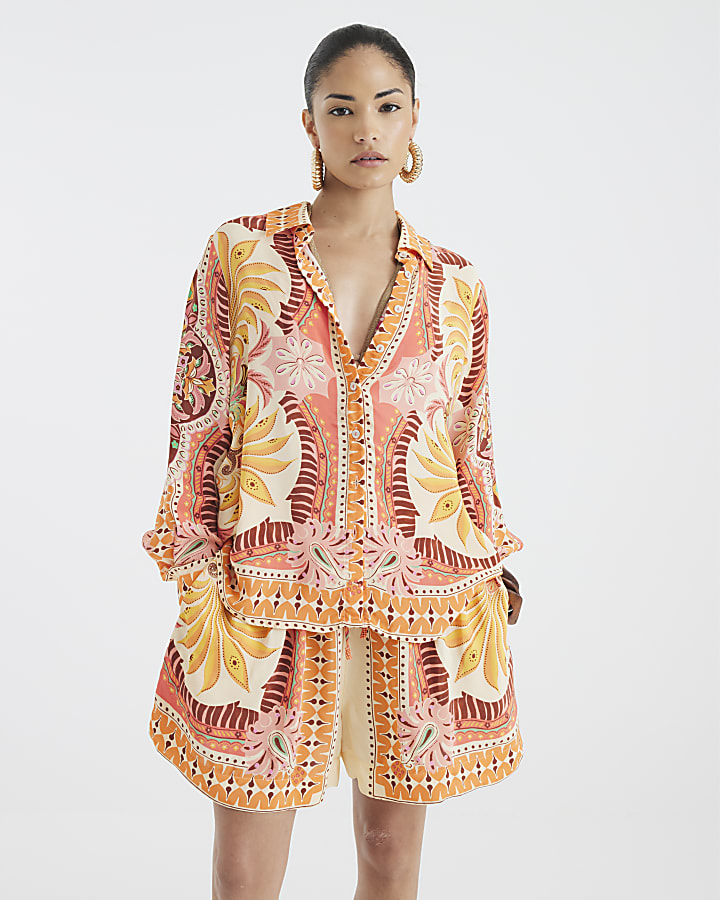 Petite Orange Long Sleeve Graphic Print Shirt