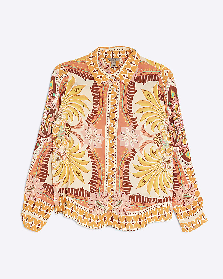 Petite Orange Long Sleeve Graphic Print Shirt