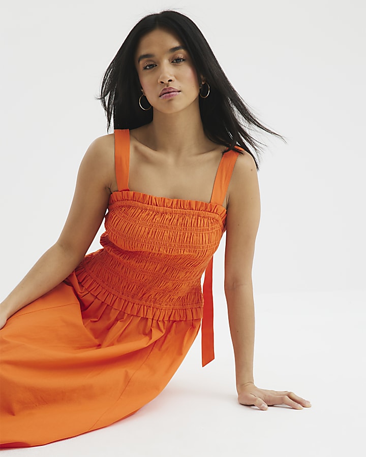 Petite Orange Shirred Midi Dress