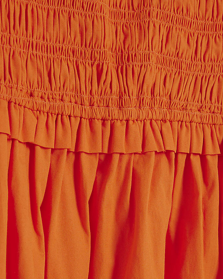 Petite Orange Shirred Midi Dress