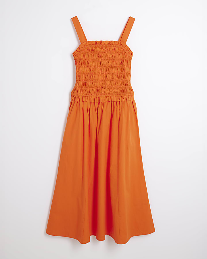 Petite Orange Shirred Midi Dress
